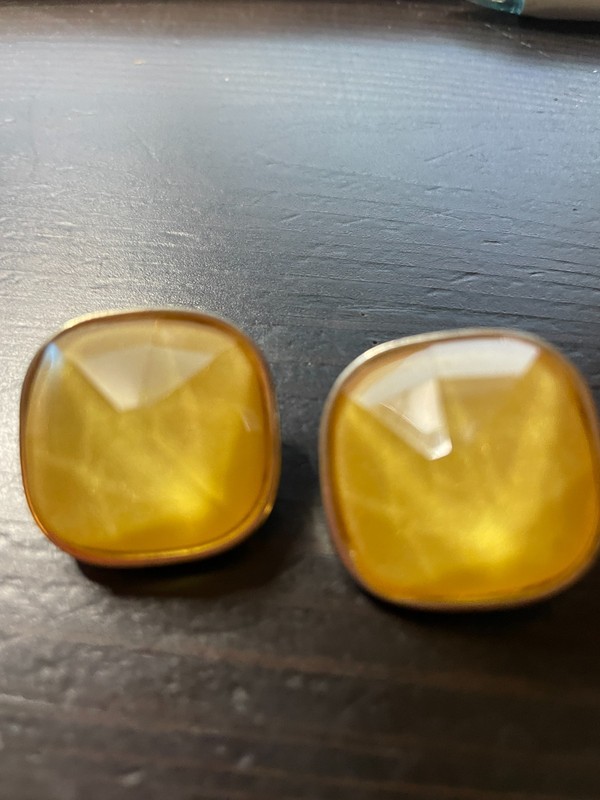 Vintage yellow irridiscent citrine gold plated trimmed pierced earring