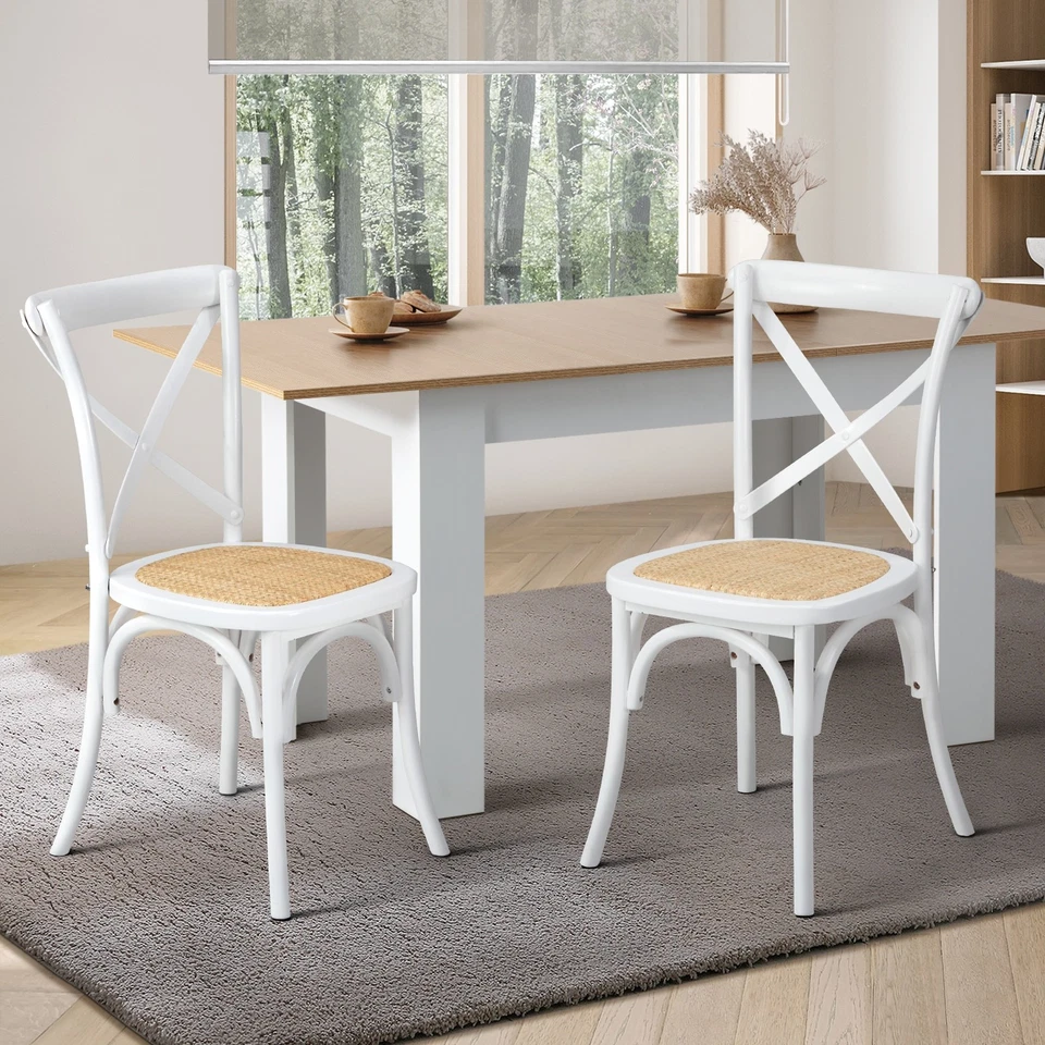 Oikiture 2PCS Crossback Dining Chair Solid Birch Timber Wood Ratan Seat White