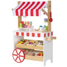 Ice Cream Cart Playset, 2 in 1 Wooden Grocery Store with Display Shelves, Lar...