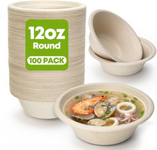 12 Oz Paper Bowls, 100-Count Disposable Compostable Bowls, Microwave Safe & Heav