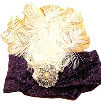 Flapper Style Feather Stretch Headpiece Handcrafted Purple White W Rhinestones