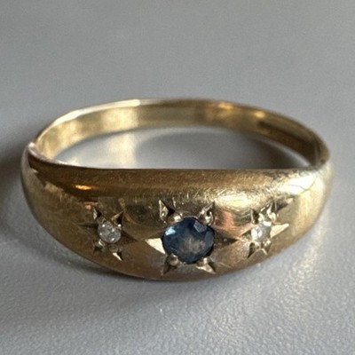 Ring 9 kt Gold 375 Saphir & Diamant Zigeunerfassung Größe P 1/2 komplett gepunzt