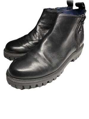 POLLINI Womens Black Butter-soft  Italian Leather Lug Sole Ankle Boot Sz 39