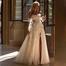 3D Flowers Wedding Dress Slit Lace Appliques Three Quarter Sleeves Bride Gowns