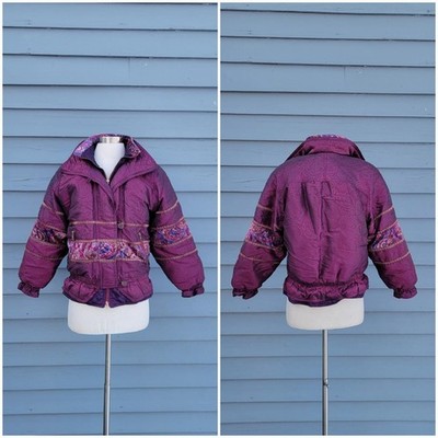 Vintage 80s Giacca Young Gallery Puffer Ski Jacket Purple Paisley Brocade 14