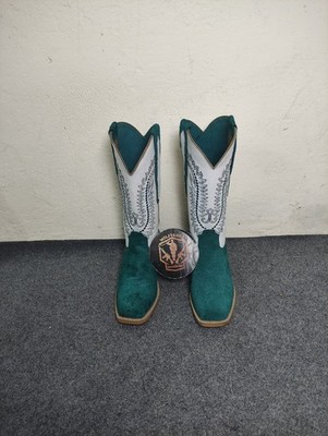 Men's White Leather Cowboy Boots Western Mid Calf Pull On Boots. Suede Boot
