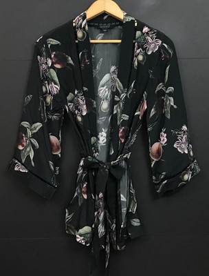 AllSaints Carina Soleil Kimono Florals and Fruits Print Satin Top Size 4
