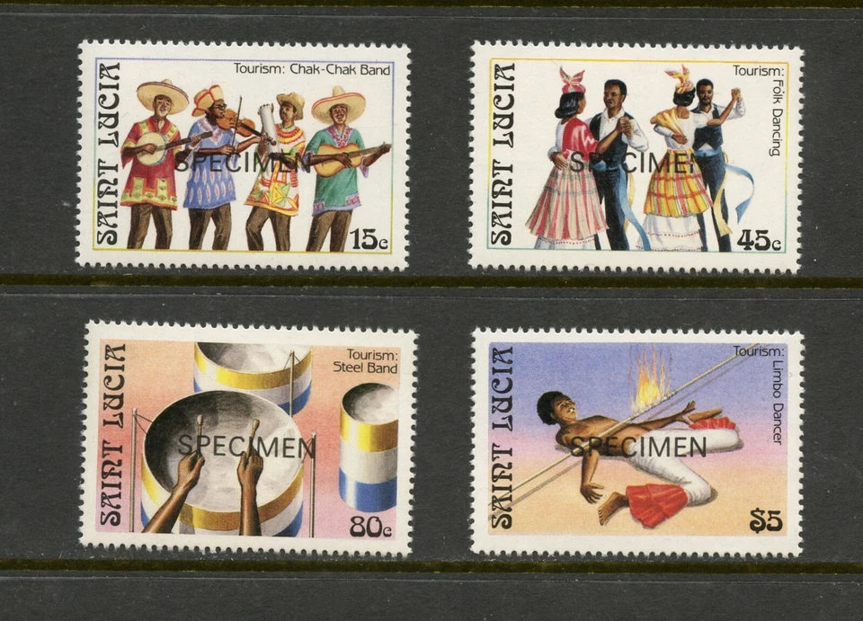 T801 Sainte-Lucie 1986 Tourisme Groupes De Danse SPECIMEN SURIMPRIMÉ 4v. MNH - Photo 1/1
