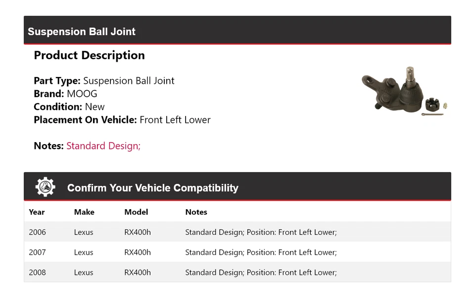 Rótula de suspensión delantera izquierda inferior MOOG 2006-2008 para Lexus RX400h 2006-2008 Foto 2 de 4