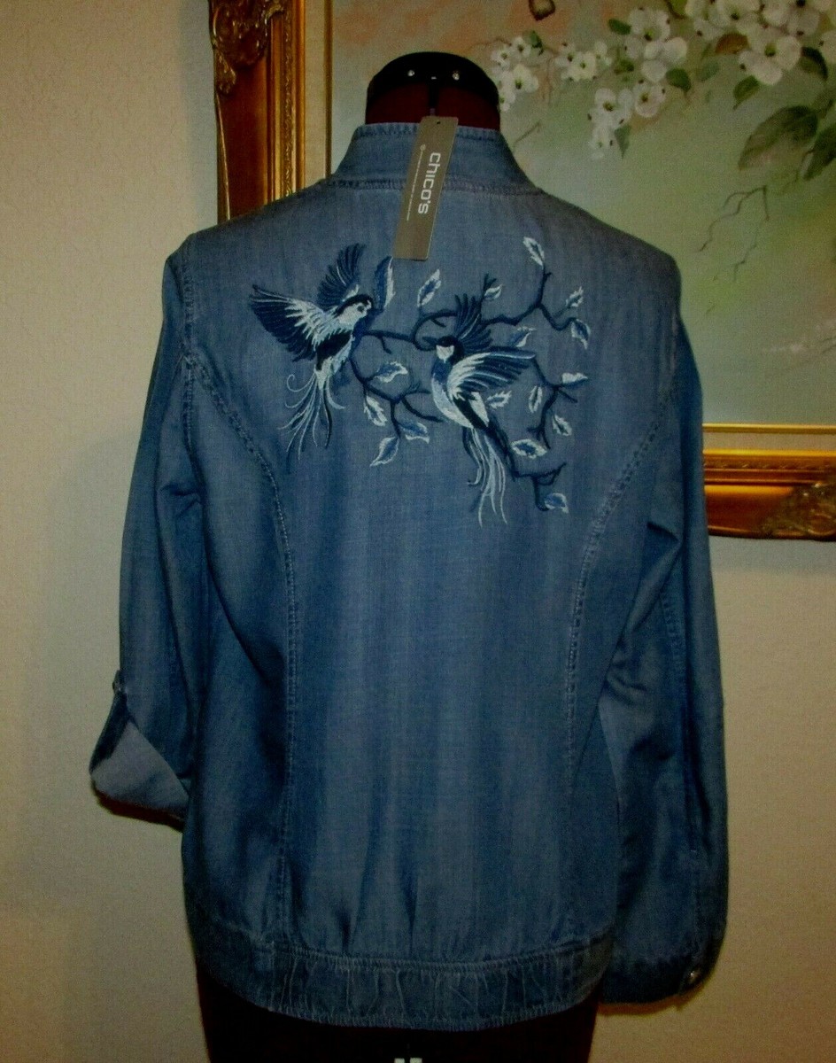 NEW CHICO'S SZ 0/XS-S/4-6 BIRD EMBROIDERED ZIP ROLL TAB BOMBER