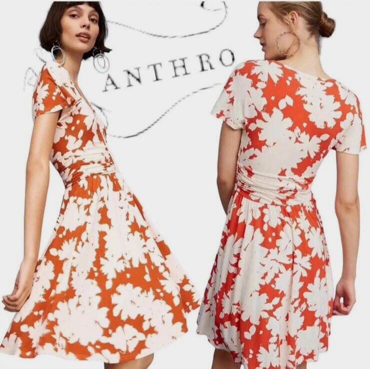 Women Sz X-Small XS Anthro Maeve Summer Breeze Dress Orange Ivory Floral V Neck