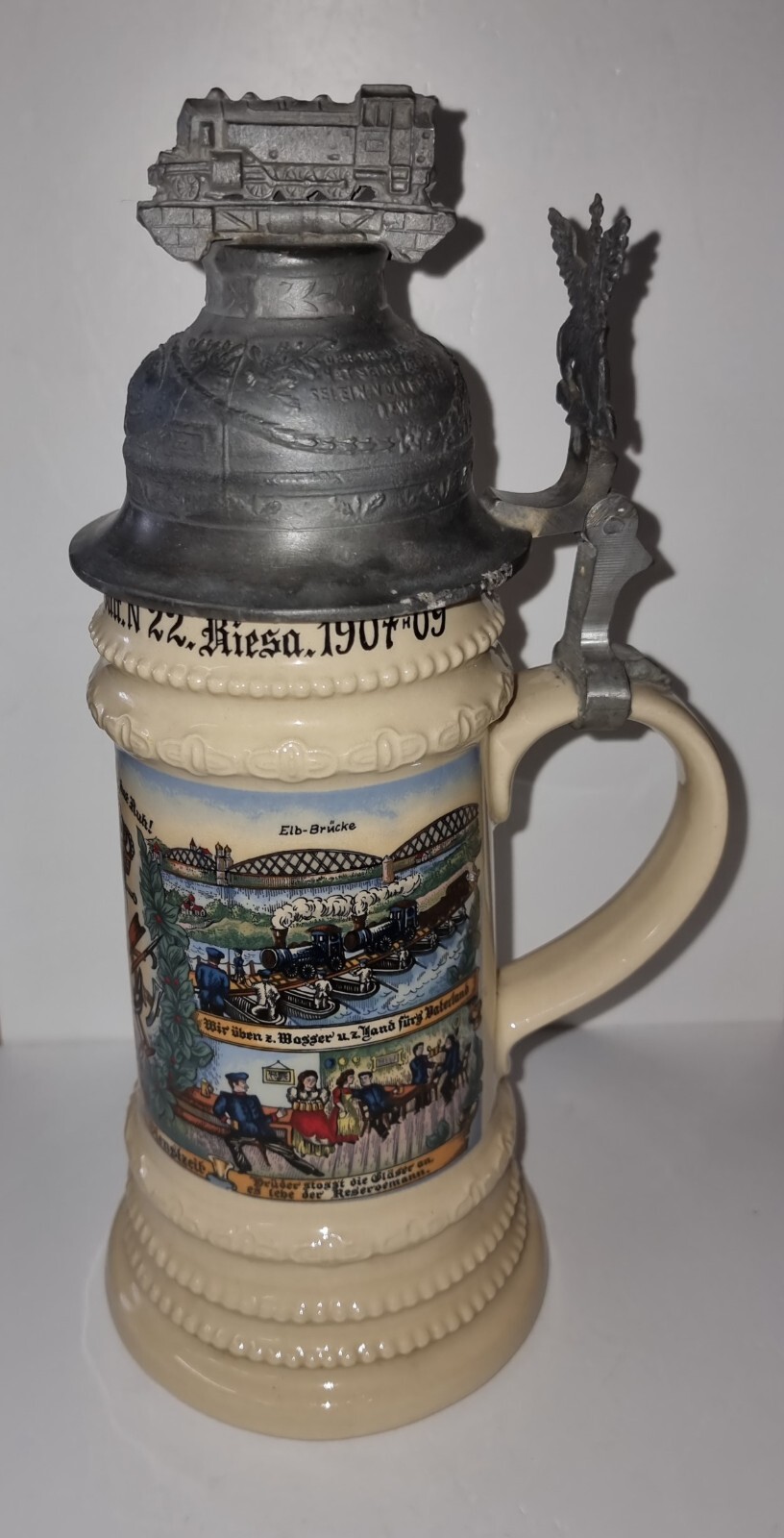 Reservisten Krug von Dr. Merkle Atelier Handarbeit mit Lokomotive Dekor