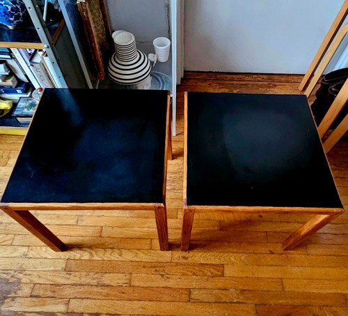 Vintage 60s Modern Walnut+Black Laminate Square Side End Occasional Tables x2 - Picture 15 of 23