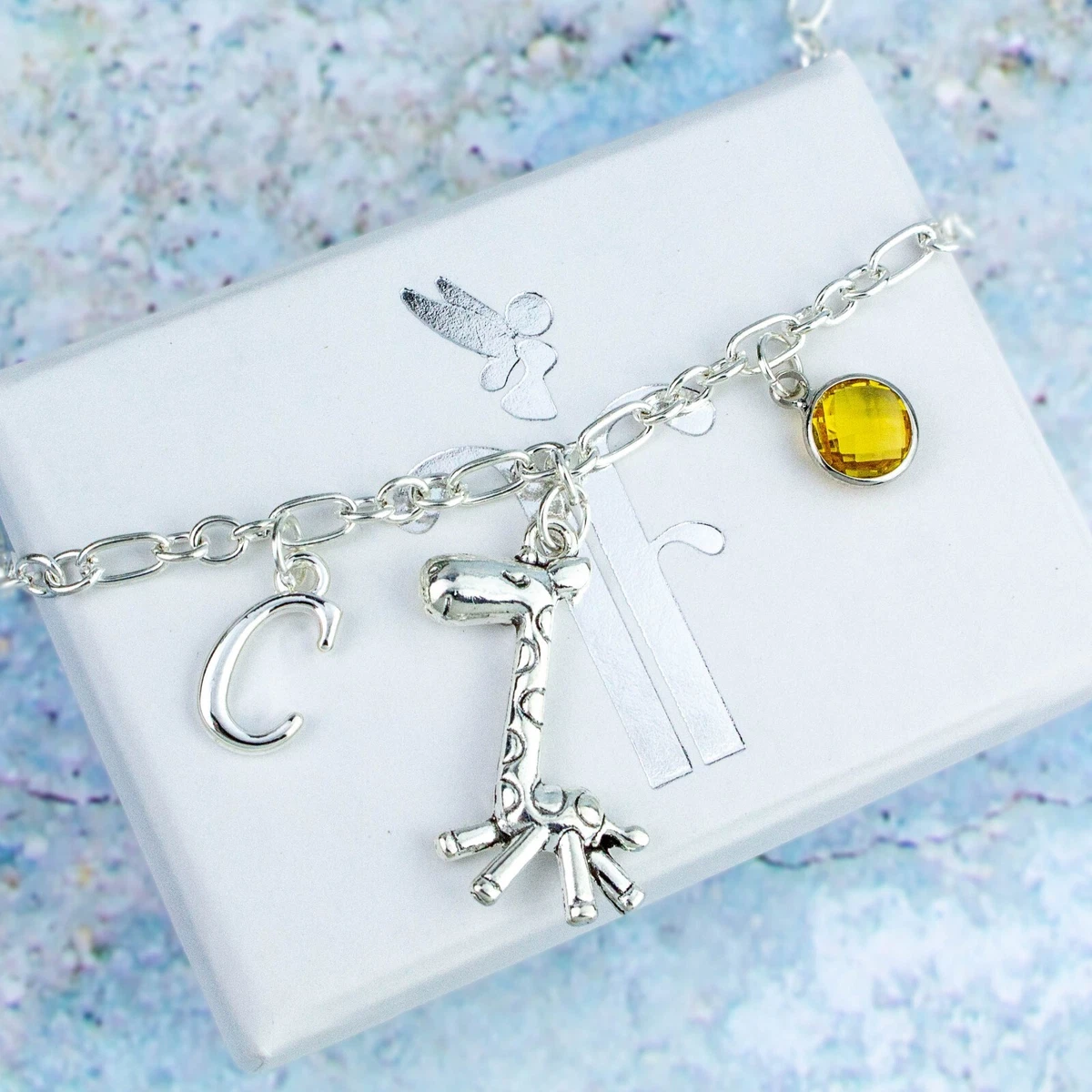 Personalised Giraffe Charm Bracelet Initial Birthstone Animal