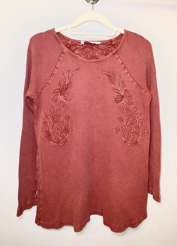 Weiche Umrandung Top Tunika Damen MEDIUM rot Waffelstrick Thermo bestickt