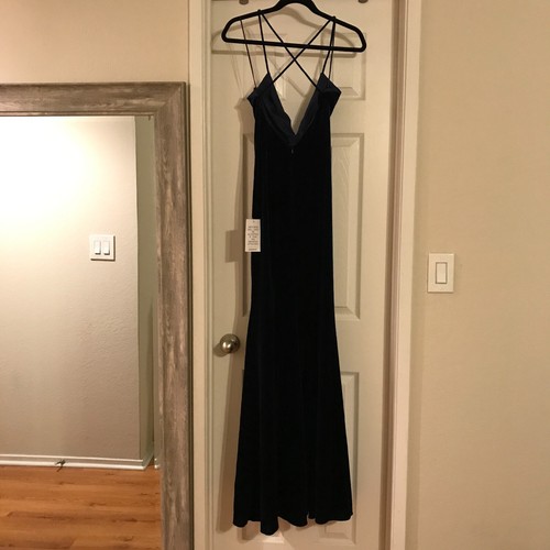 New Jay Godfrey Bowell Navy Blue Velvet Strappy Low V Neck & Back Gown Dress 0 - Picture 5 of 17