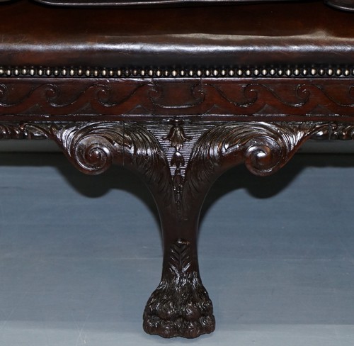 VICTORIAN GEORGIAN IRISH BROWN LEATHER CHESTERFIELD SOFA LION HAIRY PAW FEET - Picture 9 of 12
