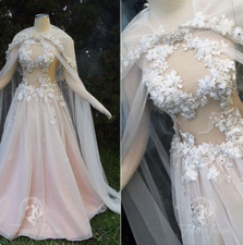Vintage Boho Light Champagne Wedding Dresses with Cape Lace Applique Bridal Gown