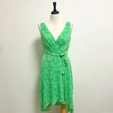 DKNY Green White Sleeveless Faux Wrap Belt Tie V Neck Tulip Hem Fit Flare Dress