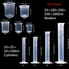 Lab Plasticware Set,4 Clear Plastic Graduated Cylinders with 5 Beakers +1 Brush