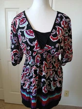 Style & Co Women’s Blouse Top V-Neck Babydoll Multicolor  Médium Y2K 90’s