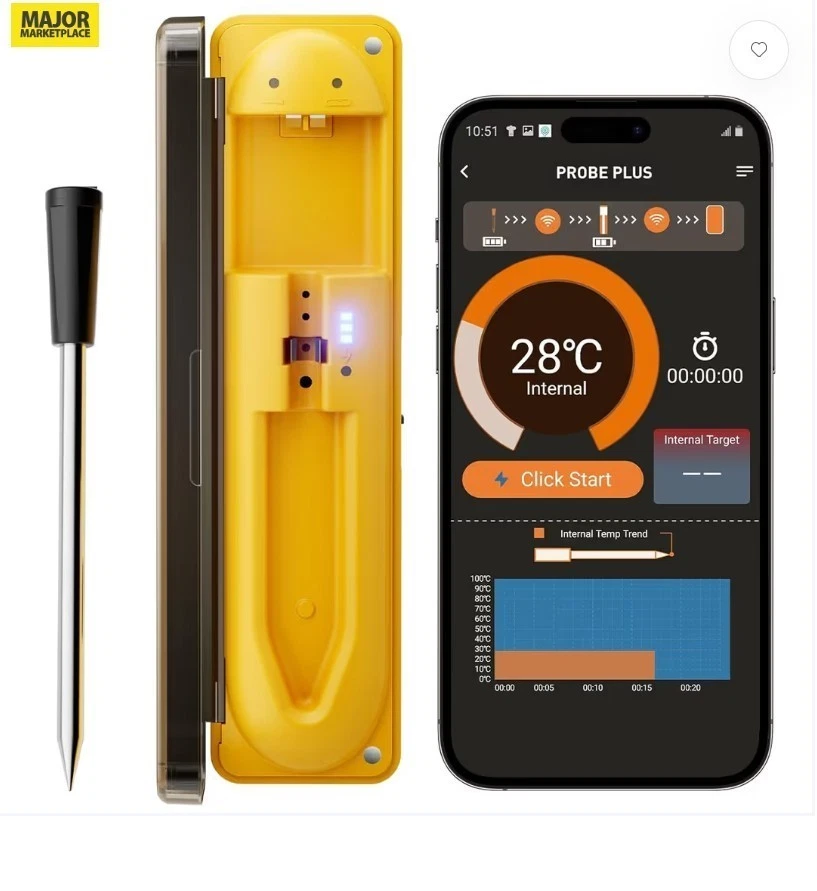 Long Range 500ft Wireless Bluetooth Meat Thermometer w/ App Alerts for BBQ Grill