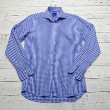 David Donahue Shirt Mens 15.5 34/35 Blue Gingham Check Trim Fit Button Down