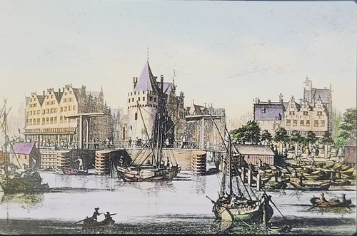 17th CENTURY HARBOR SCENE AMSTERDAM NETHERLANDS, Color Magic Lantern Glass Slide
