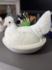 c. 1898 - 1905 7” HEN ON NEST Challinor MILK GLASS - Stipple Base & Glass Eyes