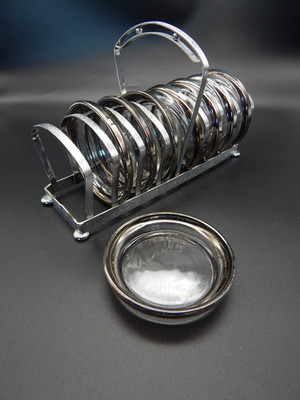 Vintage Glass Coaster Set with Metal Caddy ~ 8 Coaster Barware Set