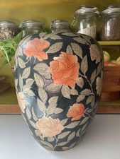Vintage WBI Large Chinese Porcelain Ginger Jar, Hand Painted, Black With Roses