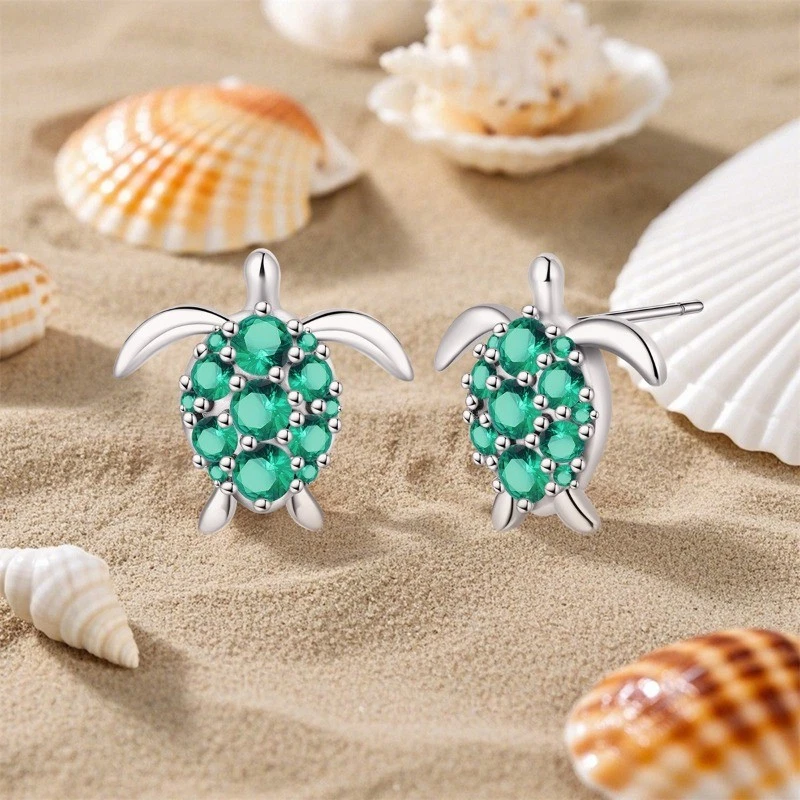 KUNSIR 925 Sterling Silver Green Sea Turtle Stud Earrings For Women Jewelry Gift - Image 3 of 4