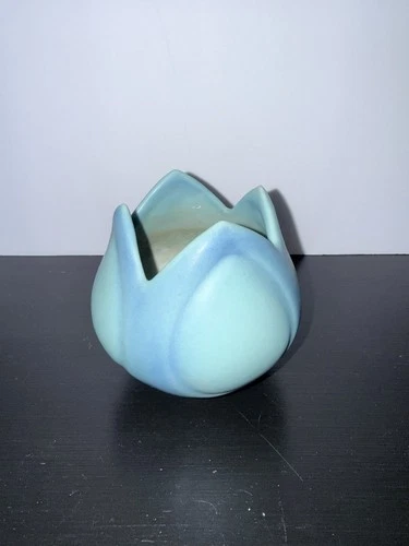 Van Briggle Pottery Tulip Vase - Ming Blue Two Tone - 4" - Signed & Logo