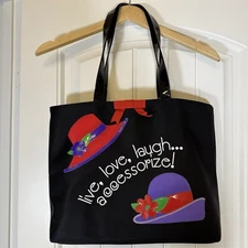 Red Hat Society Zip Tote Bag Purse Red Black Fabric, Vinyl Handles Embossed Hats