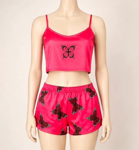 Please Women's XL Pink/Black Butterfly Pattern Embroidered Camisole Set