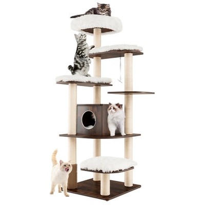 Wooden Cat Tree 71'' 7-Layer Cat Tower w/ Sisal Scratching Posts Perch & Cushions