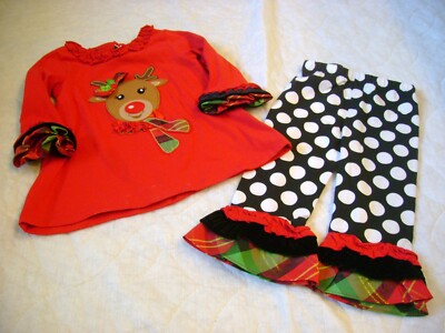 Rare Editions Christmas REINDEER Set Outfit Size 18 m RED Black Holiday Bows