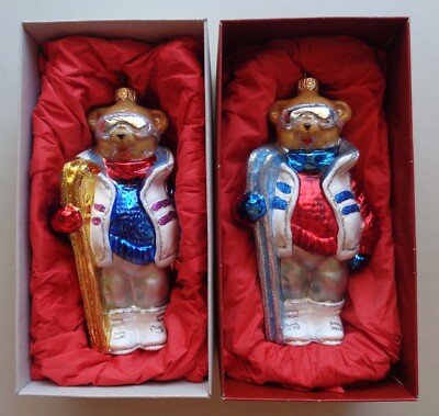 SET 0f 2 MAX GLASS Glass Ornaments Ski Bear Handmade Mouth Blown Poland Blue Red