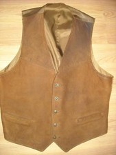 VTG MENS MEDIUM SUEDE LEATHER BROWN WESTERN BUCKLE BACK BUTTON VEST WAIST COAT