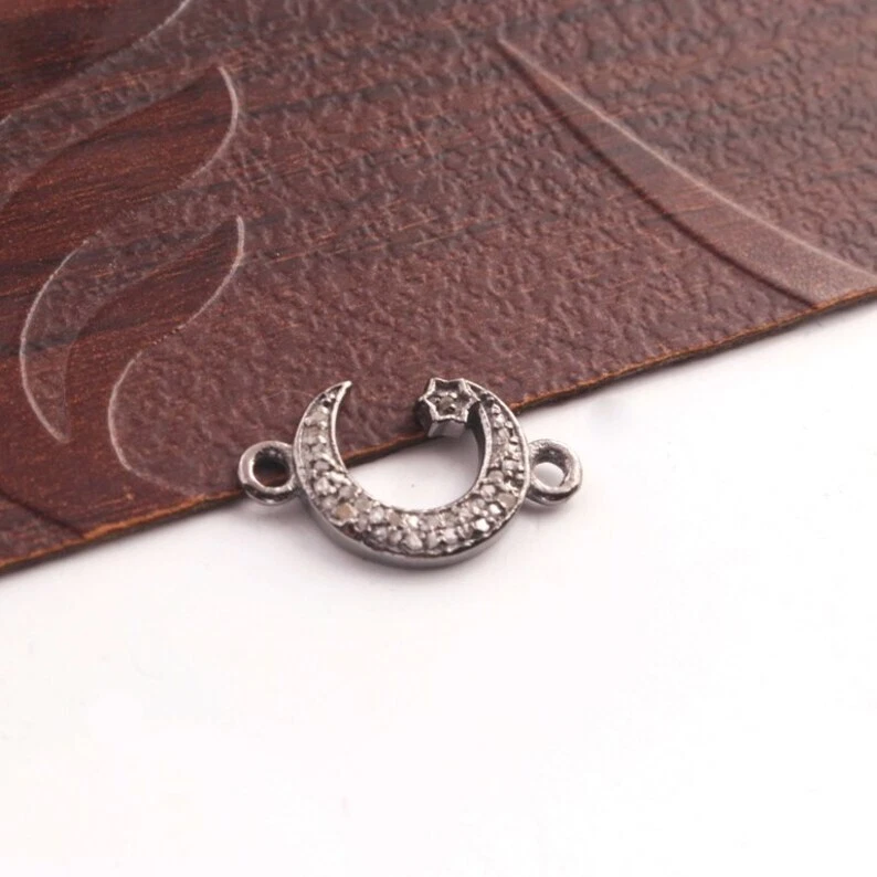 1 Pc Natural Pave Diamond Crescent Moon with Star Charm Connector 925 Sterling - Image 4 of 4