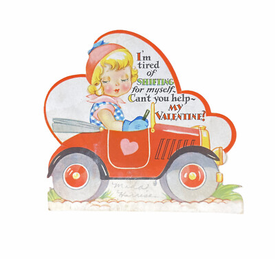 Valentine VTG Die-Cut Carrington Card Blonde Girl Red Car Tired Shifting RARE