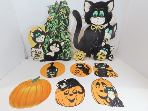 Vintage Halloween gestanzt beflockt schwarze Katze Kürbisse Fenster Hänge Deko C9087