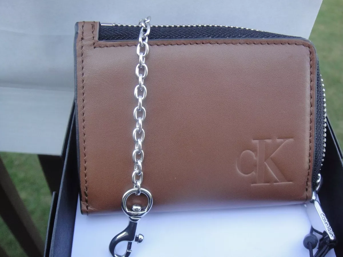 Calvin Klein Monogram Logo Zip Card Case in Brown