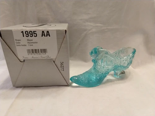 VTG Fenton Art Glass #1995 AA Aqua slipper with cat head 95th ann. 2000;NIB