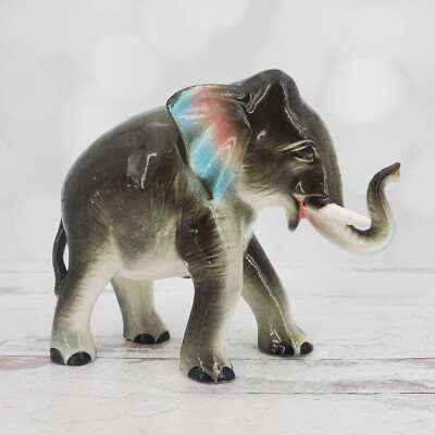 Vintage Elvin Japan Blue Pink Elephant Ceramic Mom Baby Figurines