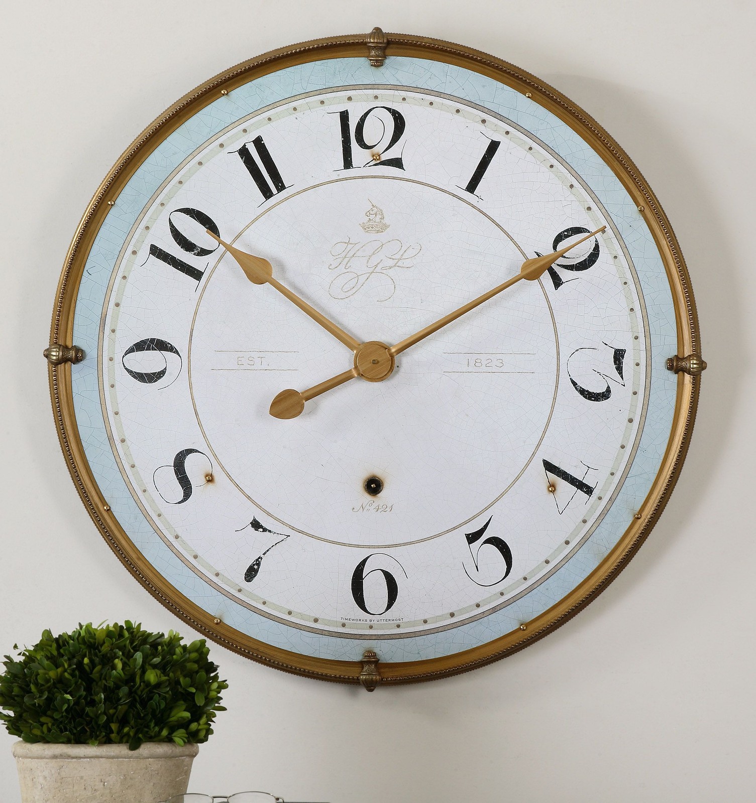 Gold Rimmed Round Metal Wall Clock | Cottage Light Blue Ivory