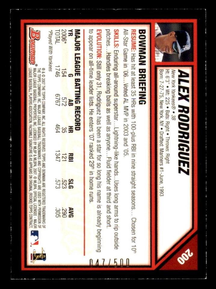 2007 Bowman Blue Parallel #200 Alex Rodriguez /500 - Image 2 of 2