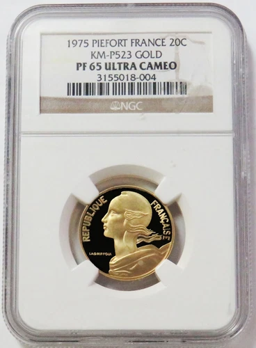 1975 GOLD FRANCE PIEFORT 42 MINTED 20 CENTIMES NGC PROOF 65 ULTRA CAMEO 