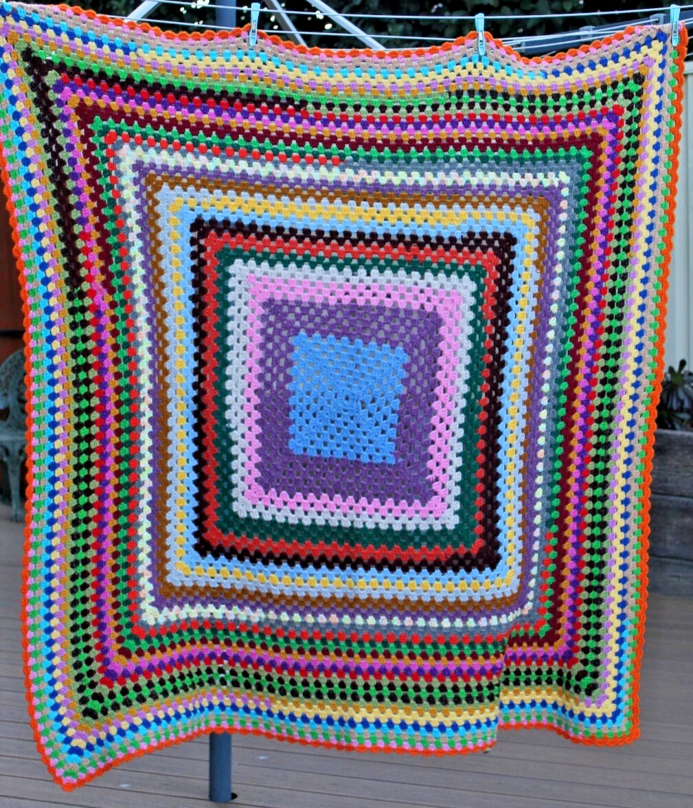 Crochet Knit Light Wool Rug 125 x 125 cm Handmade Rainbow Square-Stripe 900-gram