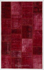 Burgundy Red Hand Knotted Patchwork Rug. Modern Turkish Woolen Floor Carpet